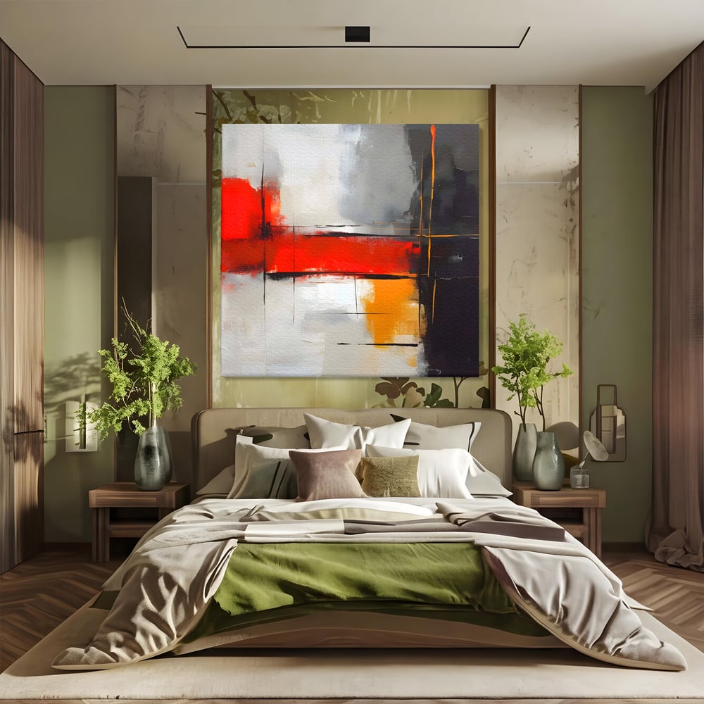Tablou canvas cu pictura abstracta cu banda rosie, fara rama, pe sasiu de lemn, pe perete intr-un dormitor